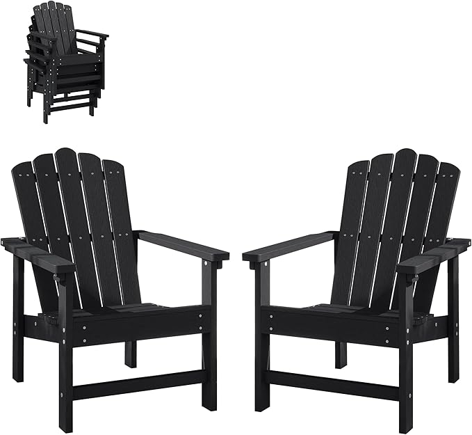 Stackable Adirondack Chairs Set of 2, Durable, Weather-Resistant Outdoor Patio Seating, Low Maintenance Poly Lumber Chairs for Porch, Deck, Garden, Fire Pit (Black)