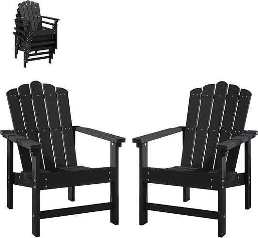 Stackable Adirondack Chairs Set of 2, Durable, Weather-Resistant Outdoor Patio Seating, Low Maintenance Poly Lumber Chairs for Porch, Deck, Garden, Fire Pit (Black)