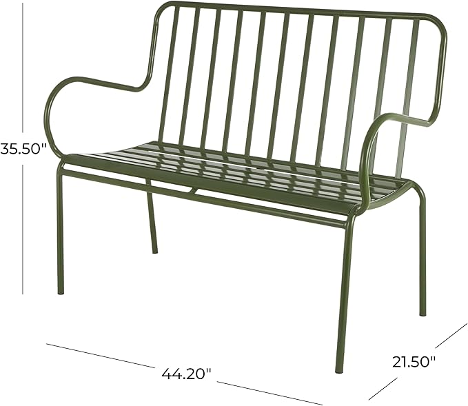 Deco 79 Metal Patio Outdoor Bench Slatted Patio Bench with Curved Armrests, Bench 44" x 22" x 36", Green