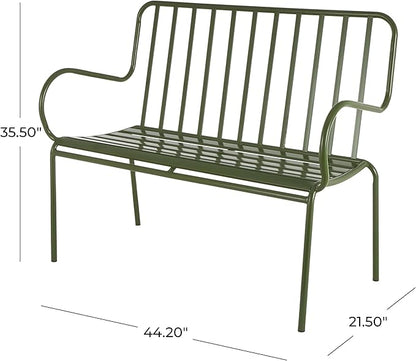 Deco 79 Metal Patio Outdoor Bench Slatted Patio Bench with Curved Armrests, Bench 44" x 22" x 36", Green