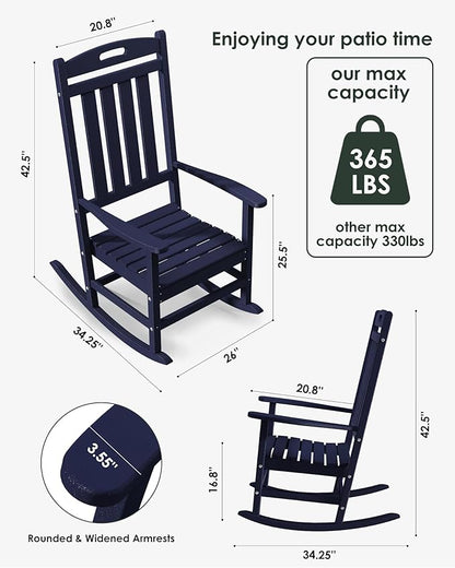 Outdoor Rocking Chair, All-Weather Resistant Poly Lumber Rocker Chair Outdoor, High Back Plastic Patio Rocking Chairs for Outside Porch Rocker Garden Lawn, Navy Blue