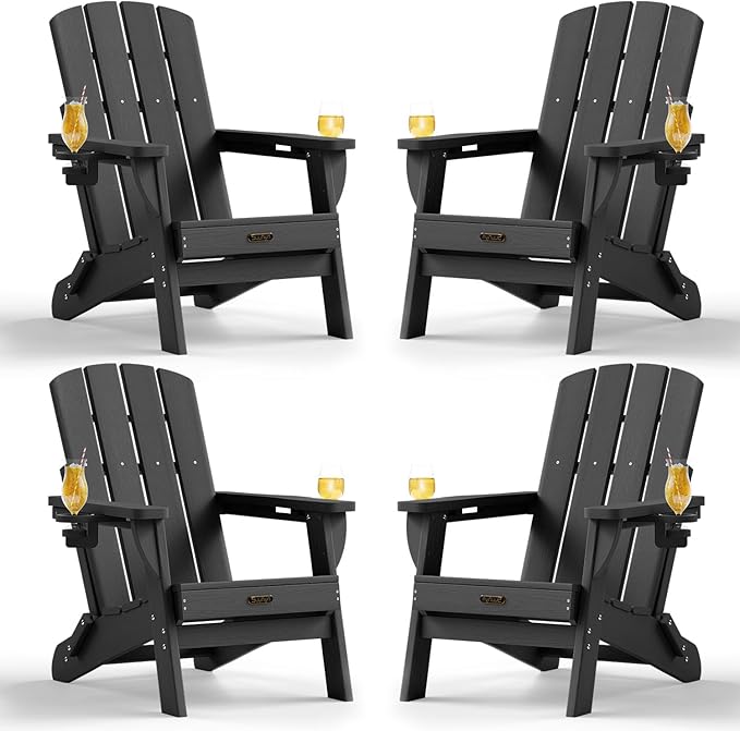 Folding Adirondack Chair 4 Pack, HDPE All-Weather Fire Pit Chairs, Plastic Adirondack Chairs with 2 Cup Holder, Outdoor Lawn Chair for Patio Garden (Black)
