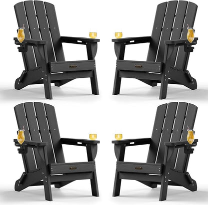 Folding Adirondack Chair 4 Pack, HDPE All-Weather Fire Pit Chairs, Plastic Adirondack Chairs with 2 Cup Holder, Outdoor Lawn Chair for Patio Garden (Black)