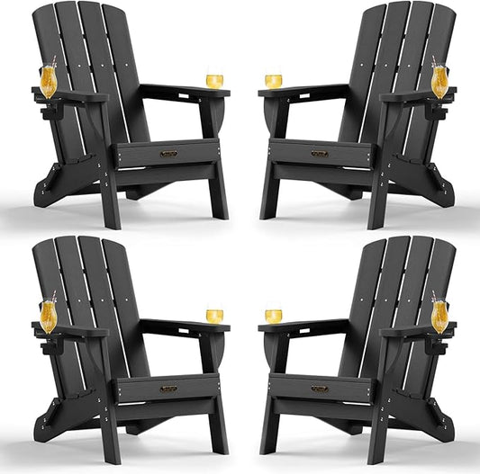 Folding Adirondack Chair 4 Pack, HDPE All-Weather Fire Pit Chairs, Plastic Adirondack Chairs with 2 Cup Holder, Outdoor Lawn Chair for Patio Garden (Black)