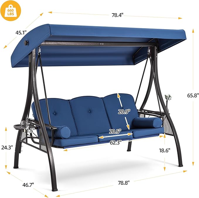 HOMREST 3 Seat Outdoor Porch Swing with 1.5" Deepened Cup Holder, Adjustable Canopy, Patio Swing Bed with Stand - Photo 7