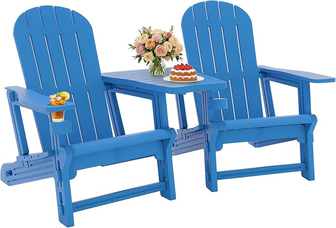 JY QAQA Outdoor Adirondack Chair Set of 2, All-Weather HDPE Patio Furniture with Detachable Table, Wood Texture & Cup Holder for Patio, Poolside, Garden, Blue