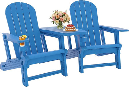JY QAQA Outdoor Adirondack Chair Set of 2, All-Weather HDPE Patio Furniture with Detachable Table, Wood Texture & Cup Holder for Patio, Poolside, Garden, Blue