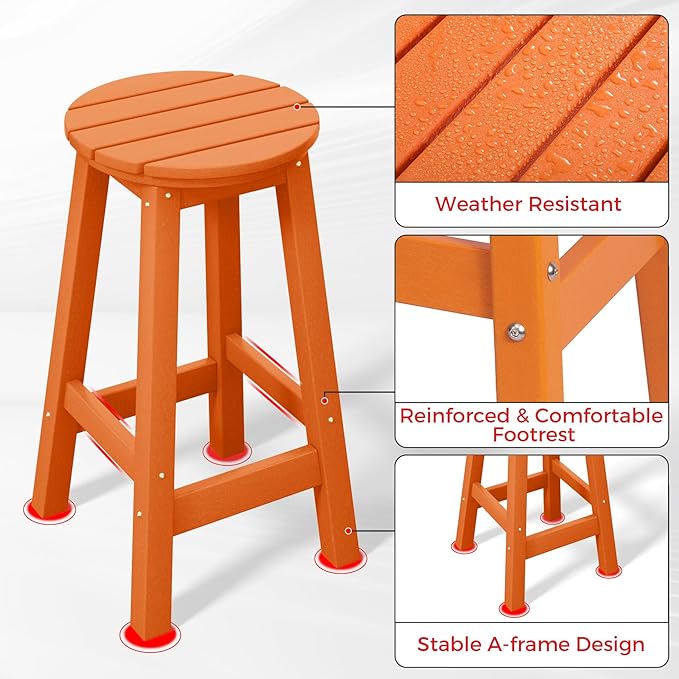 Costaelm 24" Height Outdoor Bar Stools, All-Weather Bar Stools, Adirondack Poly Patio Round Bar Stool for Patio, Deck, Kitchen Counter and Garden, Orange
