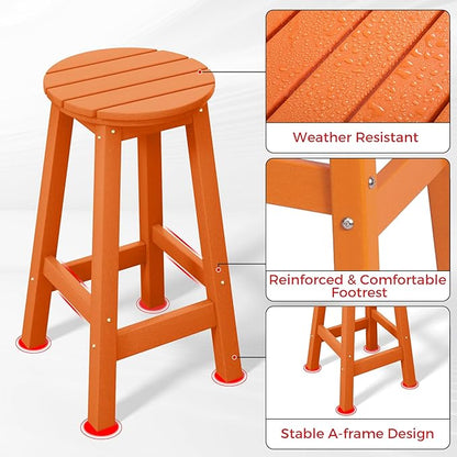 Costaelm 24" Height Outdoor Bar Stools, All-Weather Bar Stools, Adirondack Poly Patio Round Bar Stool for Patio, Deck, Kitchen Counter and Garden, Orange