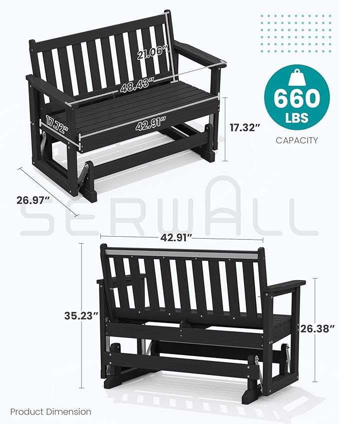 SERWALL Outdoor Glider Bench Set of 4, HDPE Weather-Resistant Swinging Bench for Backyard Garden Porch, Black - Photo 2