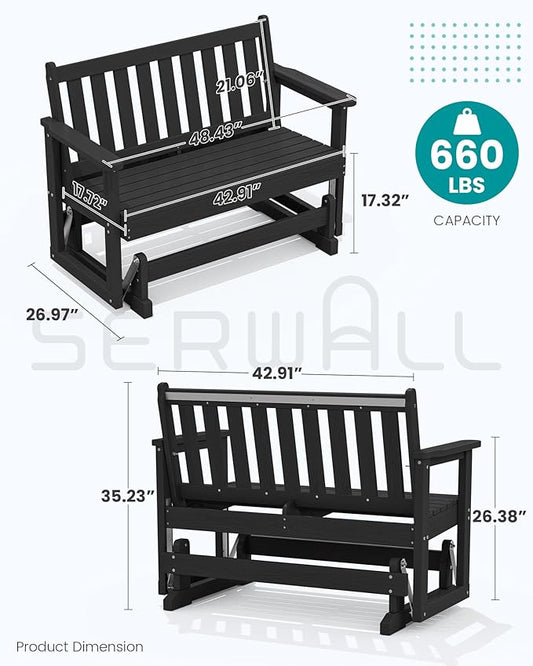 SERWALL Outdoor Glider Bench Set of 4, HDPE Weather-Resistant Swinging Bench for Backyard Garden Porch, Black