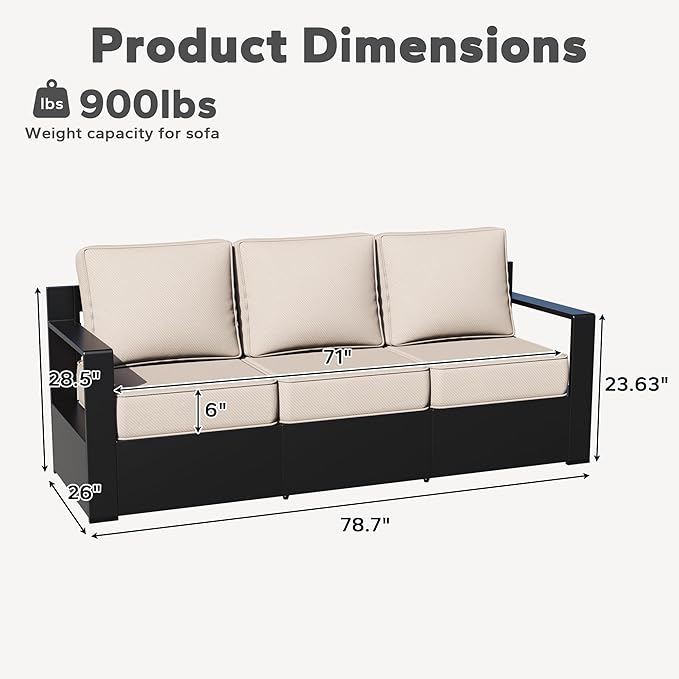 Aluminum Patio Sofa - 3-Seater Outdoor Couch with 6" Thick Removable Cushions, All-Weather Metal Frame - Photo 3