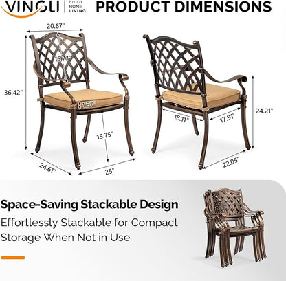 VINGLI Patio Chairs Set of 4- Stackable Outdoor Cast Aluminum Dining Chairs with Vintage Bronze Finish and Diamond Pattern, Metal Armchairs for Poolside, Backyard, Balcony (with Cushion)
