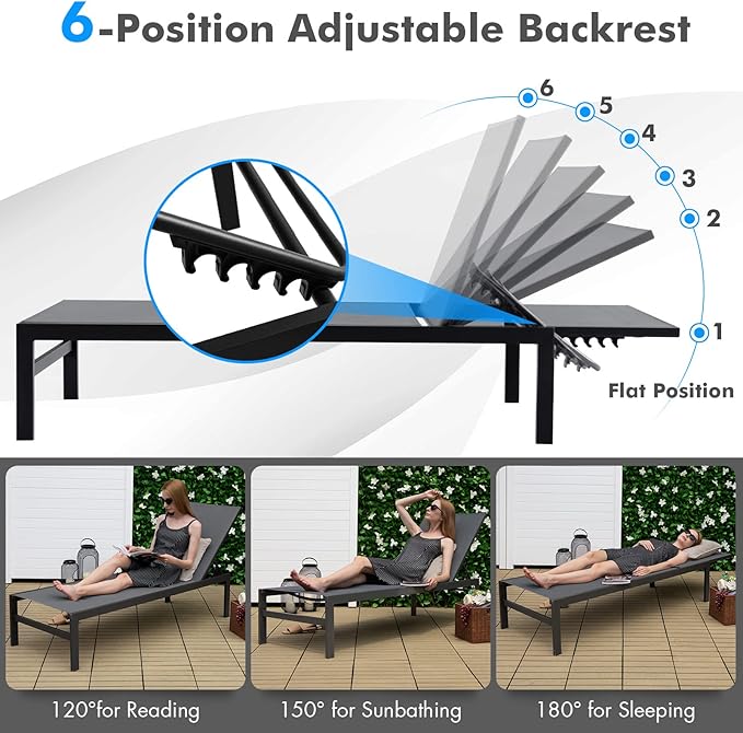 Tangkula Aluminum Lounge Chair Outdoor, Patio Adjustable Chaise Lounge with 6-Position Backrest, Aluminum Frame, Breathable Fabric, Lightweight Recliner Pool Chairs for Poolside, Backyard (2, Grey)
