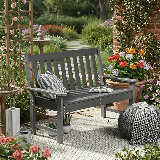 Tangkula HDPE Outdoor Garden Bench with Backrest, 2-Person All-Weather Patio Loveseat Chair with Slatted Seat, 705 lbs Weight Capacity, Patio Benches for Balcony, Garden, Porch, Backyard & Park, Grey