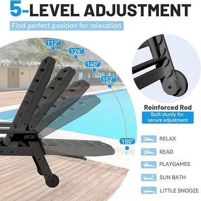 Outdoor Lounge Chairs, 78'' Long Patio Lounge Chair HDPE 5-Position Adjustable with Cup Holder & Rolling Wheels, Pool Lounge Chair for Sunbathing Tanning, Deck, Poolside -Black
