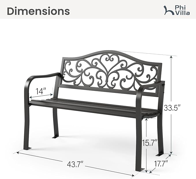 PHI VILLA 43 Inch Cast Iron Steel Frame Outdoor Garden Bench, Patio Furniture Chair Bench w/Floral Design Backrest - Photo 2