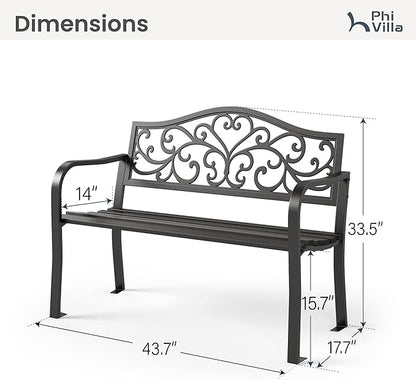 PHI VILLA 43 Inch Cast Iron Steel Frame Outdoor Garden Bench, Patio Furniture Chair Bench w/Floral Design Backrest, Slatted Seat for Park, Yard, Porch - Black