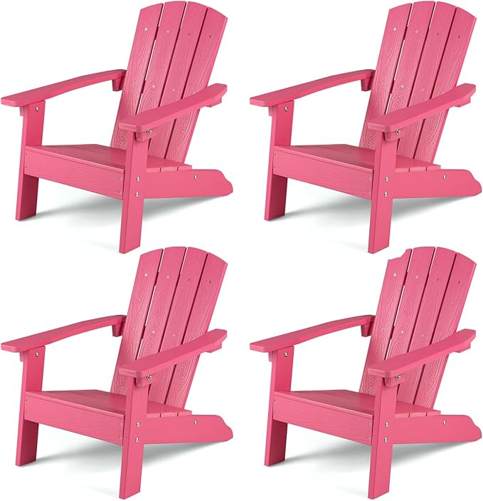 KOTEK Kids Adirondack Chair Set of 4, Plastic Toddler Lawn Chair with Ergonomic Seat, Wood-Grain Texture, Easy to Assemble, All-Weather Outdoor Kids Chairs for Patio, Garden, Backyard (Pink)