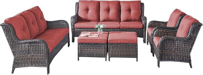 Rilyson Wicker Patio Furniture Sofa Set - 6 Piece Rattan Outdoor Patio Sectional Conversation Sets with 2 Sofa,2 Armrest Chairs and 2 Ottomans for Porch Deck Garden(Brown/Red)