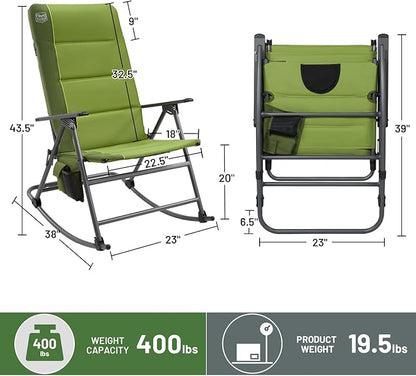 TIMBER RIDGE Oversized Folding Rocking Camping Chair, Padded Outdoor Rocker with High Back, Portable Outdoor Chair for Patio, Garden, Lawn, Supports up to 400 lbs, Green, 2 Pack
