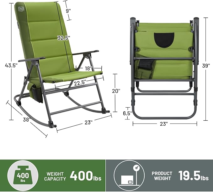 Timber Ridge Oversized Folding Rocking Camping Chair, Padded Outdoor Rocker with High Back, Portable Outdoor Chair for Patio, Garden, Lawn, Supports up to 400 lbs, Green