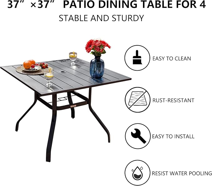 Sour Citrus 37" Outdoor Square Metal Patio Dining Table with Umbrella Hole, Weather-Resistant Table for Garden, Backyard, Balcony, or Deck, Black