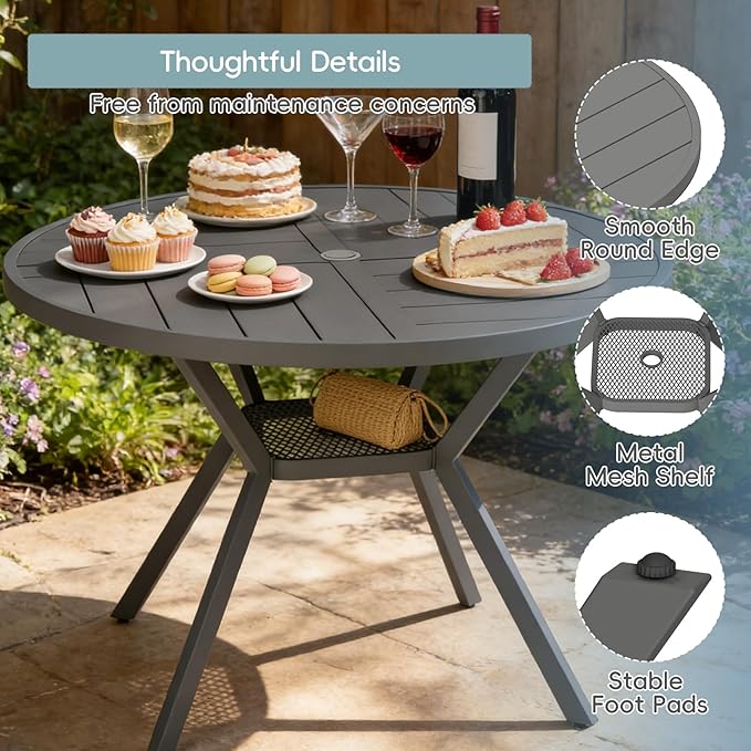 47" Outdoor Patio Table Dining Table, All Weather Metal Round Patio Table with Adjustable Umbrella Hole - Photo 5