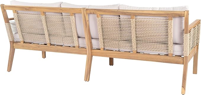 Merax Outdoor Patio Acacia Wood 3-Seater Sofa Set with 2 Coffee Tables with Beige Cushions, Hand Woven Rope Design - Photo 7