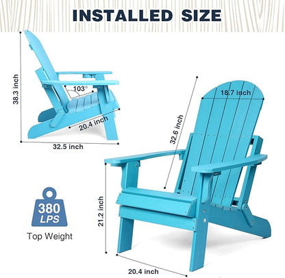 Folding Adirondack Chairs Set of 2, All Weather Resistant Plastic Chairs with Cup Holder, Fold or Unfold Easily in 1 Second, Outdoor Chairs for Patio, Garden, Backyard Deck, Lawn Fire Pit(Lake Blue)