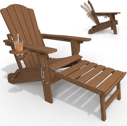 Adjustable Adirondack Chairs with Retractable Ottoman, HDEP Folding Adirondack Chair with Footrest & Cup Holder, All Weather Fire Pit Chair for Outdoor,Wood