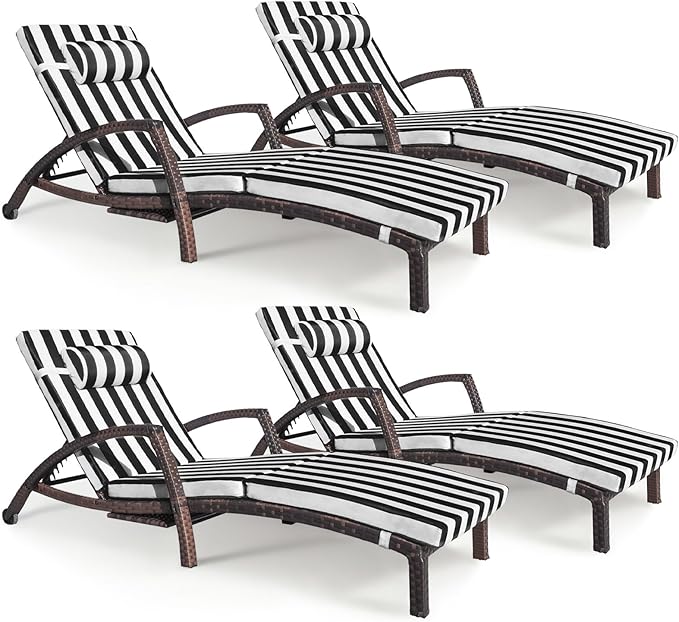 Chaise Lounge Chairs Outdoor Set of 4, Comfy Outside Wicker Patio Pool Lounge Chair w/ 5 Adjustable Back Angle - Photo 1