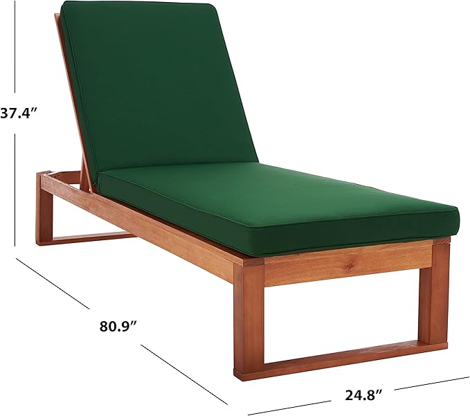 SAFAVIEH Outdoor Collection Solano Natural Brown Solid Wood/Green Cushion Patio Adjustable Chaise Lounge Chair (PAT7024N)