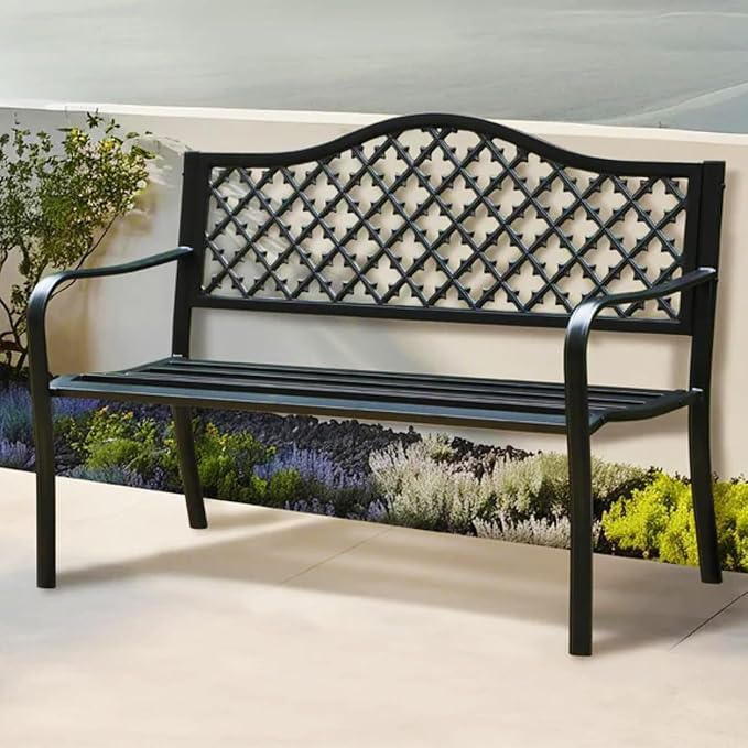 PHI VILLA 50" Outdoor Garden Patio Metal Bench for Outdoors with Plastic Backrest Armrests Sturdy Steel Frame, Black - Photo 1
