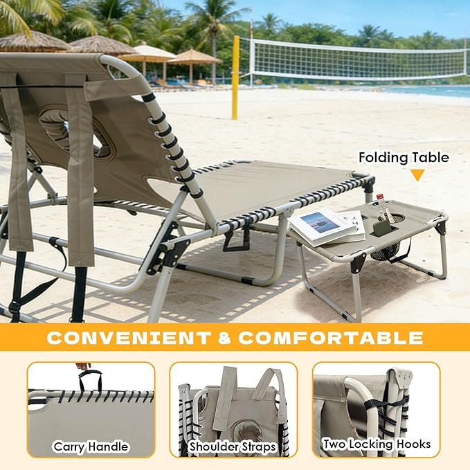 Backpack Sun Tanning Chair with Face Hole & Beach Table, 5-Position Adjustable Folding Lounge Chair Outdoor for Lawn Patio Garden