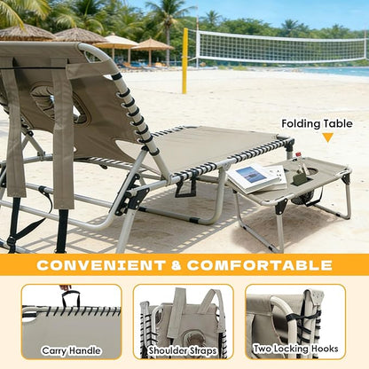 Backpack Sun Tanning Chair with Face Hole & Beach Table, 5-Position Adjustable Folding Lounge Chair Outdoor for Lawn Patio Garden