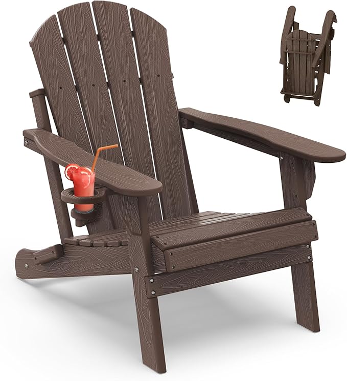 IVY&LANE Folding-Adirondack-Chair | HDPE Plastic | Dark Brown | Outdoor Fire Pit Chairs with Cup Holder | Poly | Weather Resistant | for Patio Deck Poolside Garden Beach