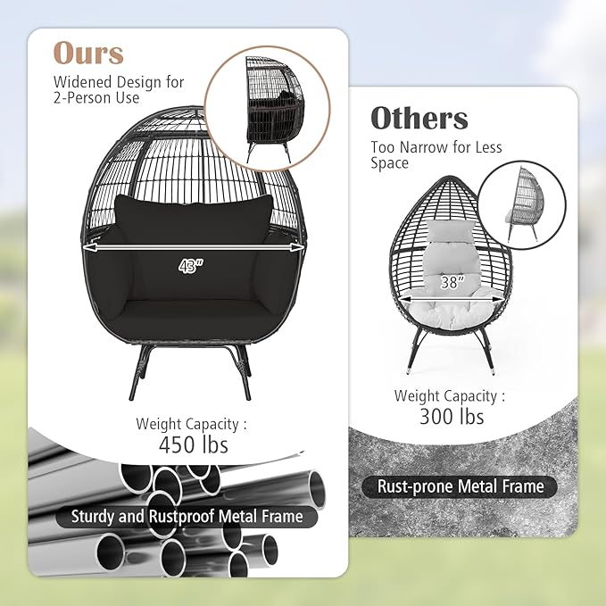 Giantex Oversized Wicker Egg Chair, Outdoor & Indoor Hammock Chair with Thick Cushions, 2-Person PE Rattan Lounge Chair Swing Chair for Patio, Backyard,Porch, 450 LBS Weight Capacity (Black)