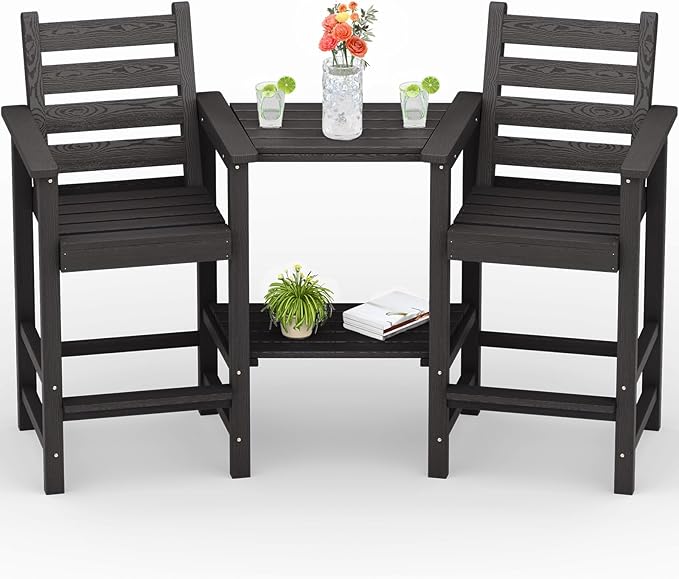PLUUV Tall Adirondack Chairs Set of 2, All Weather HDPE Poly Bar Height Balcony Adirondack Chair with Removable Double Connecting Trays, Outdoor Adirondack Barstools for Deck, Patio, Yard, Pool, Lawn