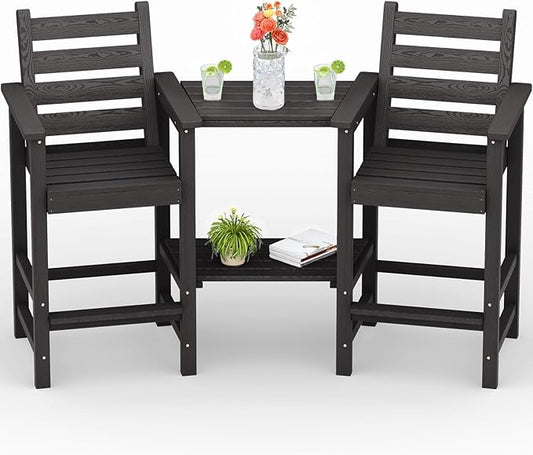 PLUUV Tall Adirondack Chairs Set of 2, All Weather HDPE Poly Bar Height Balcony Adirondack Chair with Removable Double Connecting Trays, Outdoor Adirondack Barstools for Deck, Patio, Yard, Pool, Lawn