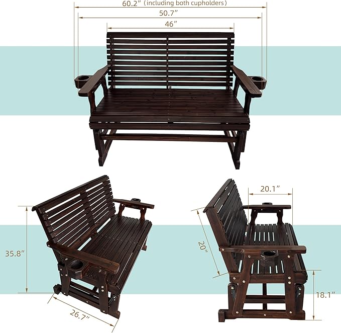 Fortune Candy Patio Glider with Cup Holders, High Roll Back and Deep Contoured Seat,Heavy Duty 800 Lb (Deep Brown, 2-Seater)