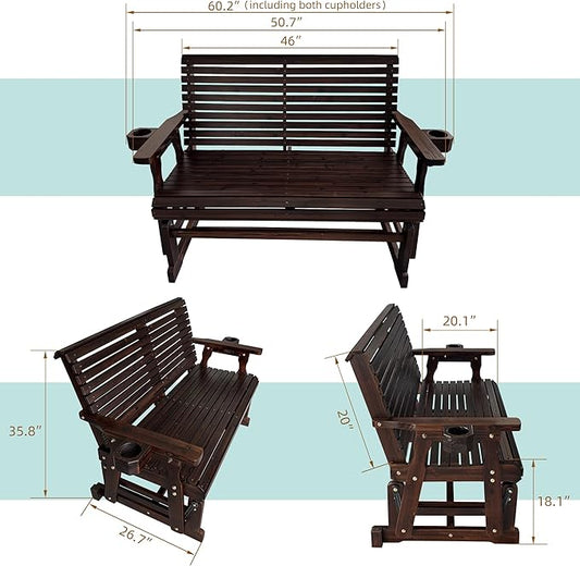 Fortune Candy Patio Glider with Cup Holders, High Roll Back and Deep Contoured Seat,Heavy Duty 800 Lb (Deep Brown, 2-Seater)