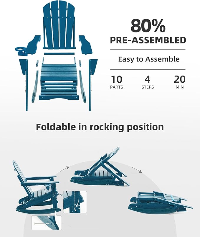 Folding Adirondack Rocking Chair Set of 2,4-in-1 Multifunctional Patio Chairs with Retractable Ottoman, Outdoor Chairs Wood Texture, Lawn Chair for Porch, Backyard, Pool(Navy Blue)