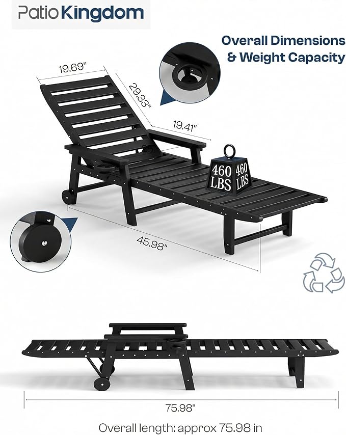 5-Position Adjustable Lounge Chair Outdoor Set of 6, HDPE Outdoor Chaise Lounge with Cup Holder & Wheels - Photo 5