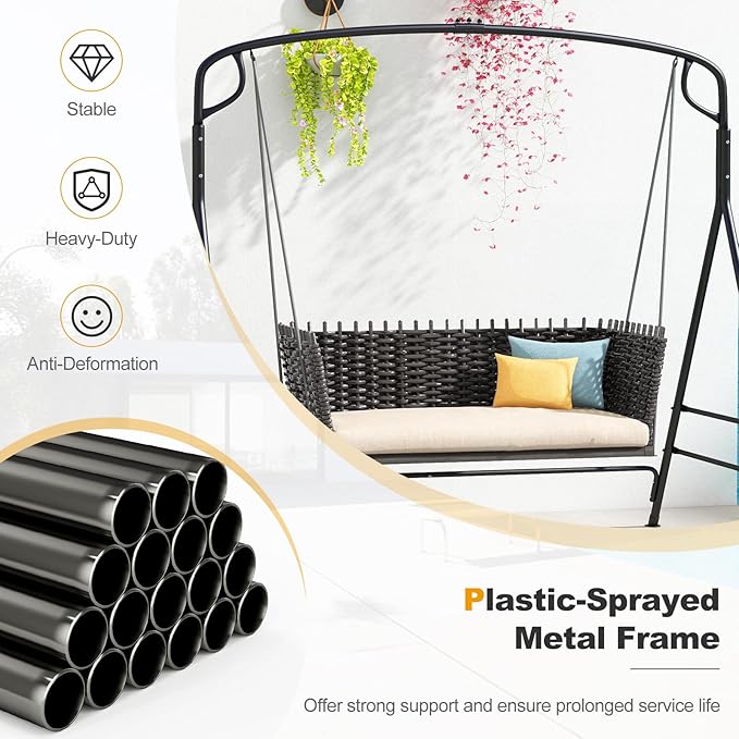 Tangkula Metal Swing Frame, Porch Swing Stand with Extra Side Bars, 3-Ring Design, Heavy Duty Swing Frame Outdoor for Swing, Hammock, A-Frame Swing Stand Frame Outdoor for Lawn, Garden, Backyard