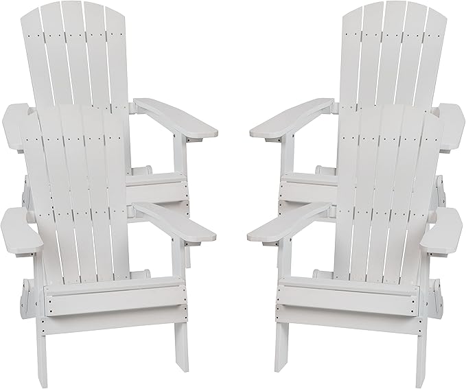 Flash Furniture Charlestown Folding Adirondack Chair - White - Poly Resin - Indoor/Outdoor - Weather Resistant - Set of 4