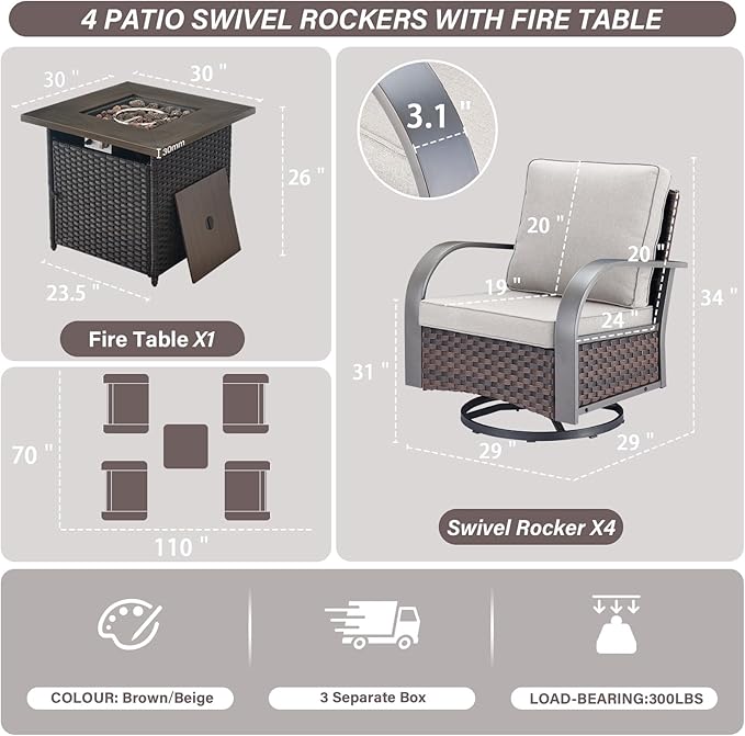 Belord 5 Pieces Patio Furniture Set with Fire Pit Table - 4 Outdoor Swivel Rocker Chairs with 50000 BTU Propane Fire - Photo 3