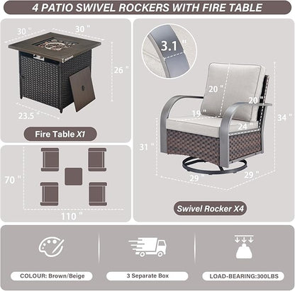 Belord 5 Pieces Patio Furniture Set with Fire Pit Table - 4 Outdoor Swivel Rocker Chairs with 50000 BTU Propane Fire Pit Table, Patio Conversation Sets for Outside Backyard Patio Casual Gathering