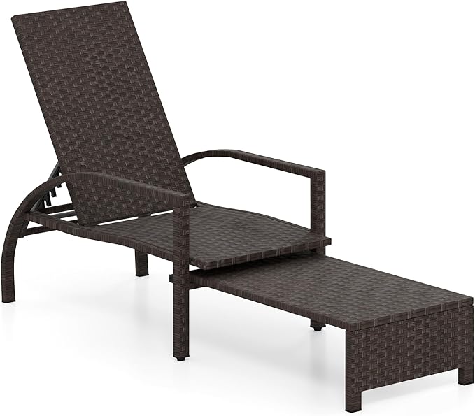 Tangkula Lounge Chair Outdoor with Retractable Ottoman, Patio Rattan Chaise Lounge with 6-Level Adjustable Backrest - Photo 1