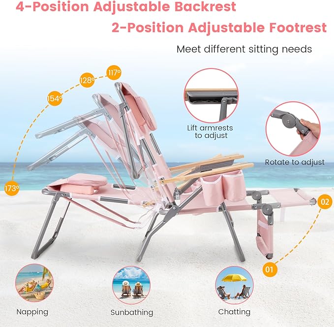 Goplus 3-in-1 Foldable Beach Chair, Lay-Flat Tanning Chair with Face and Arm Holes, Footrest, 330 lbs Heavy-Duty Portable Reclining Lounge Chairs for Outside, Camping, Patio, Poolside, Lawn (2,Pink)